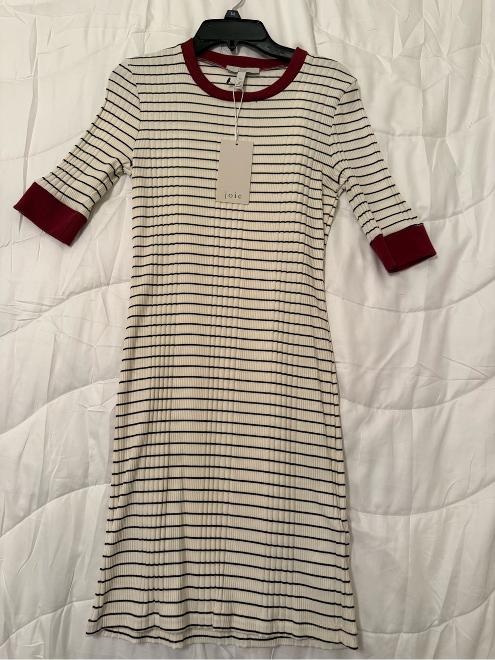 NWT Joie Cream Dress with Black Stripes and Burgundy Trim
